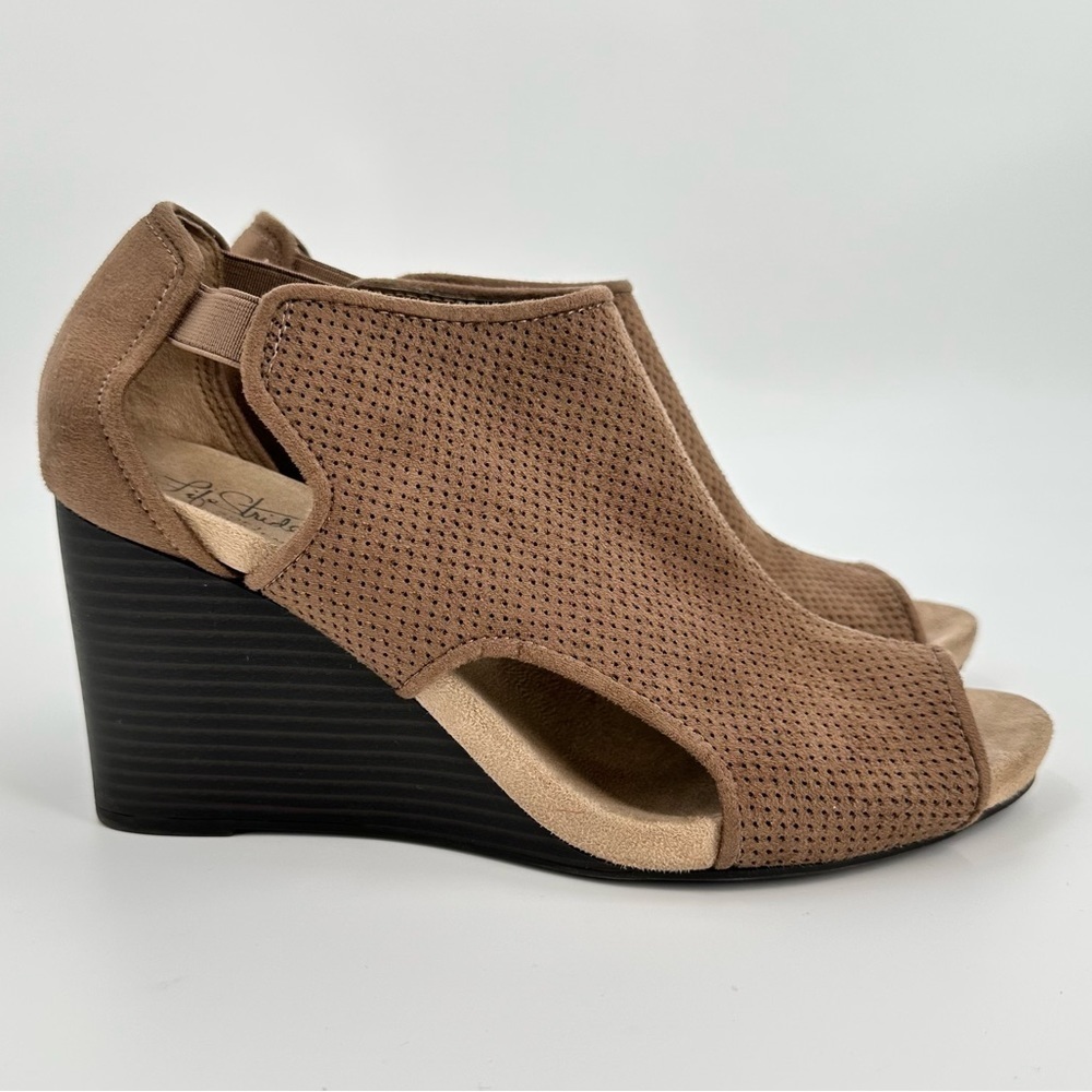 Life Stride Soft System Roxie Light Brown Open Toe Perforated Wedge Size 9M